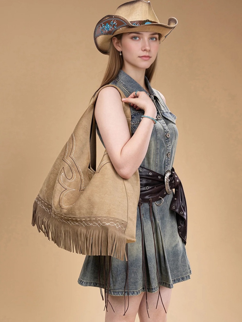 Montana West Taupe Suede Fringe Hobo Bag